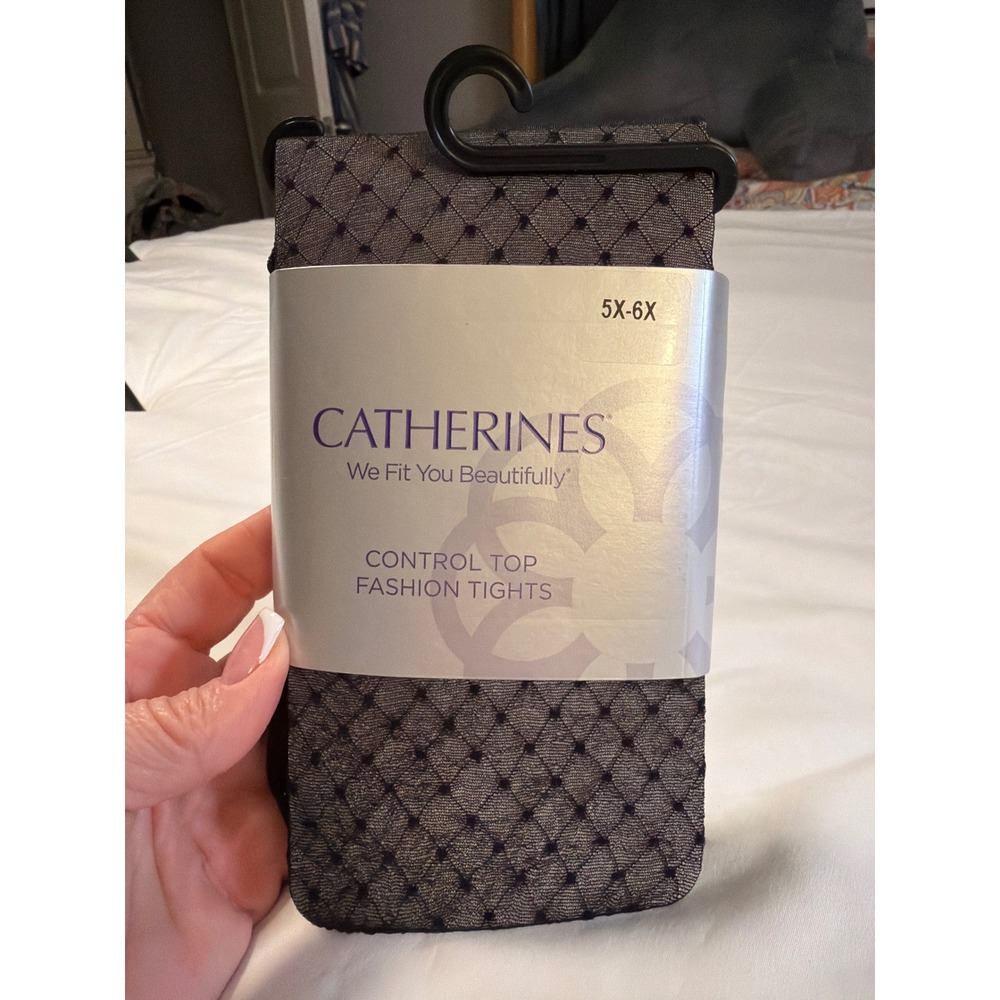 Catherines Womens Plus Size 5X-6X Control Top Fashion Tights Diamond Dot Black